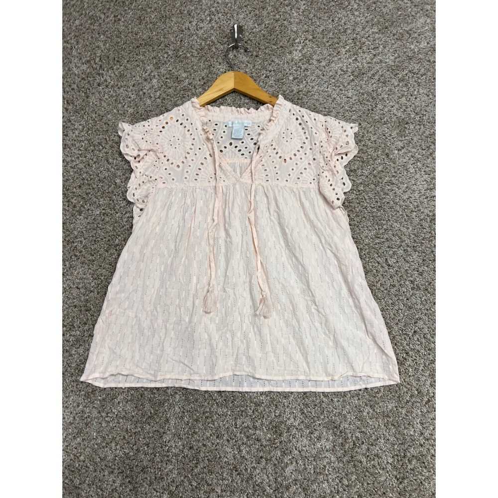 Design History Pink Eyelet Cotton Blouse XL Tassel Tie Ruffle Flutter Sleeve Top